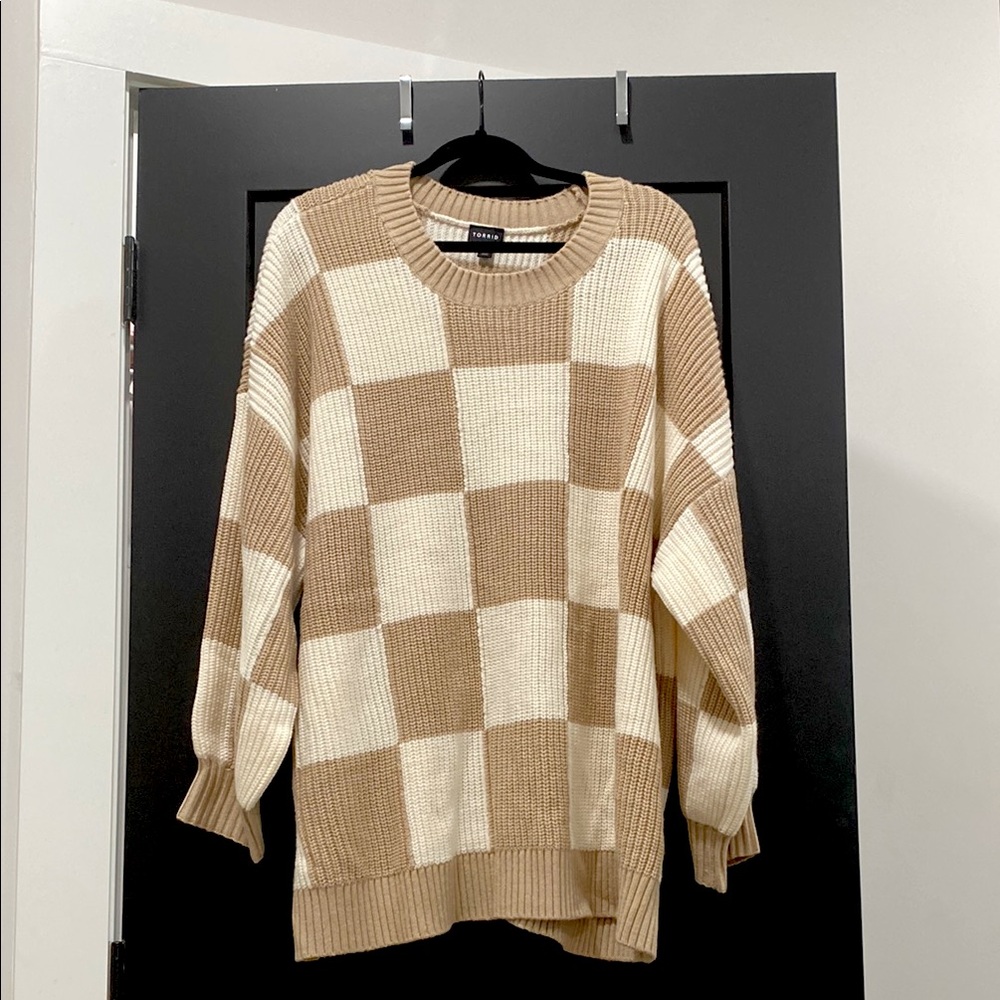 Torrid Tan and Cream Checkered Sweater